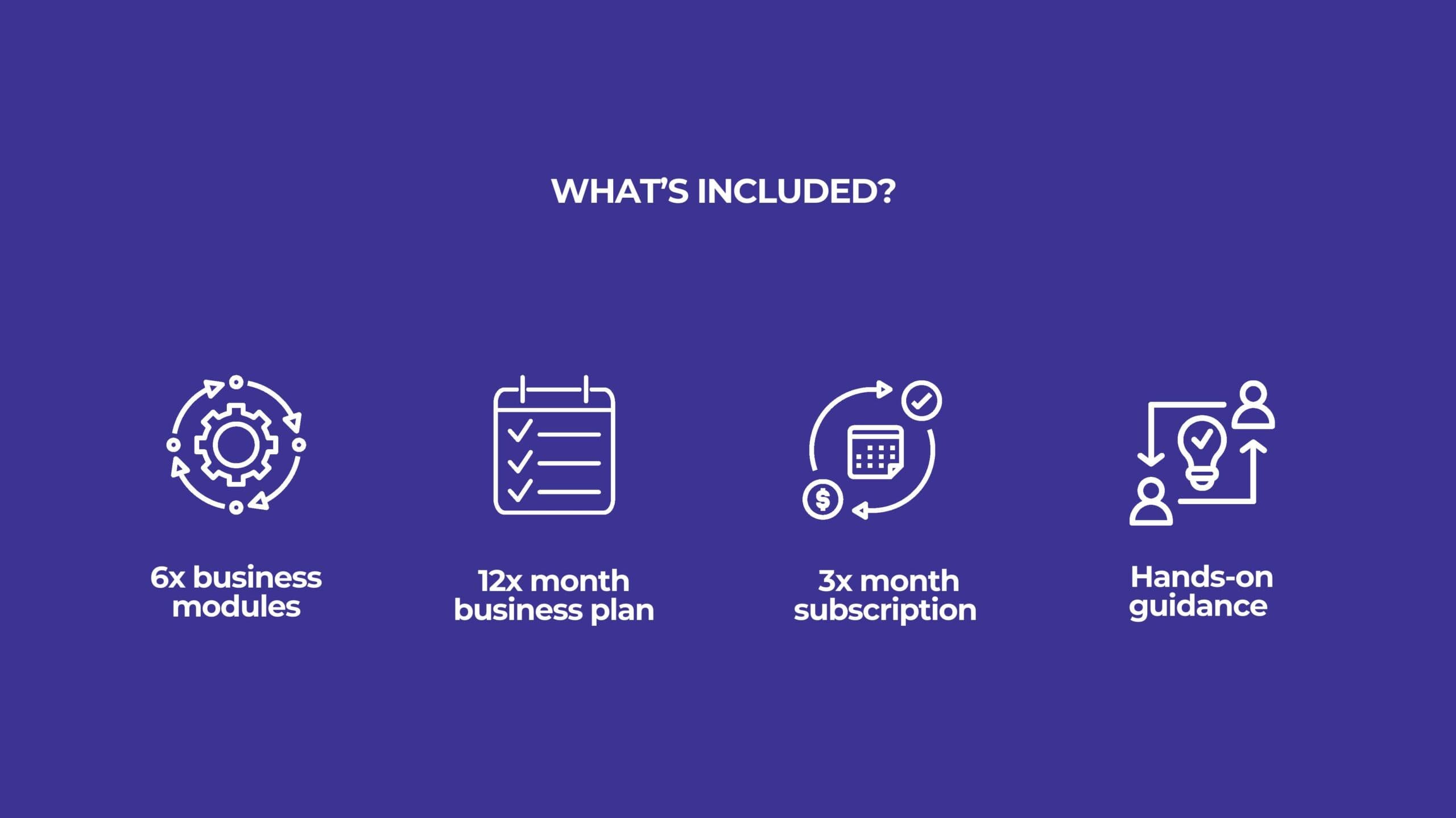 What's Included — 6 business modules, 12 month business plan, 3 month subscription, and hands-on guidance